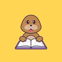 söt hund som läser en bok. djur tecknad koncept isolerad. kan användas för t-shirt, gratulationskort, inbjudningskort eller maskot. platt tecknad stil vektor