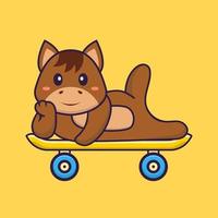 süßes Pferd, das auf einem Skateboard liegt. Tierkarikaturkonzept isoliert. kann für T-Shirt, Grußkarte, Einladungskarte oder Maskottchen verwendet werden. flacher Cartoon-Stil vektor