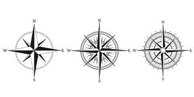 kompass ikoner uppsättning. kompass reste sig tecken. windrose symbol. nautisk vind reste sig ikon. årgång kompass. passare för resa Karta. navigering pil symboler. vektor illustration