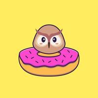 süße Eule mit einem Donut am Hals. Tierkarikaturkonzept isoliert. kann für T-Shirt, Grußkarte, Einladungskarte oder Maskottchen verwendet werden. flacher Cartoon-Stil vektor