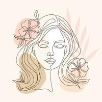 ett linje teckning av skön flicka ansikte med blommor. vektor illustration