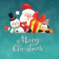 frohe weihnachtskarte mit weihnachtsmann, schneemann, pinguin und geschenkbox. vektor