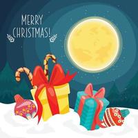 Frohe Weihnachtskarte mit Geschenkboxen auf Schnee- und Mondhintergrund and vektor