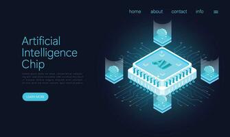 landning sida mall ai cpu digital teknologi med hjärna. artificiell intelligens dator. abstrakt trogen hitech stil. datoranvändning processor styrelse chip tapet. isometrisk vektor. vektor