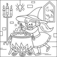 süß Hexe Herstellung Magie vergiften Halloween Färbung Seite zum Kind Vektor Bild
