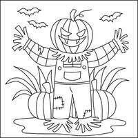 skrämmande pumpa scarecrow halloween färg sida för unge vektor bild