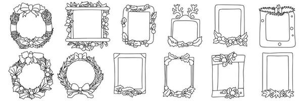 samling av ramar i klotter stil isolerat på vit bakgrund. uppsättning av jul dekor i översikt. vektor illustration.