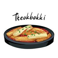 lecker tteokbokki Koreanisch Essen Vektor Illustration isoliert auf Platz Weiß Hintergrund. heiß und würzig Soße Reis Kuchen. einfach eben Karikatur Kunst gestylt Zeichnung.