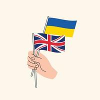 Karikatur Hand halten ukrainisch und britisch Flaggen, Vektor Design