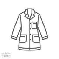 Labor Mantel Symbol, Weiss, Arzt, medizinisch Labor Uniform. Wissenschaftler Schutz tragen. Chirurgie Jacke Forschung. Gliederung Stil editierbar Schlaganfall. Vektor Illustration. Design auf Weiß Hintergrund. eps 10