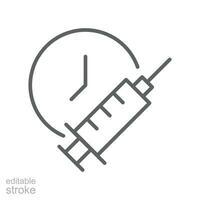 Impfstoff Zeit Zeitplan, Uhr Linie Symbol. Impfung medizinisch Spritze Kalender Symbol. Medikation Injektion COVID-19, Coronavirus Pandemie, Immunisierung editierbar Schlaganfall Vektor Illustration Design eps 10