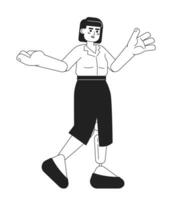 asiatisch jung Frau mit Prothese Bein gestikulieren schwarz und Weiß 2d Karikatur Charakter. Behinderung weiblich Koreanisch Büro Arbeiter posieren isoliert Vektor Gliederung Person. monochromatisch eben Stelle Illustration
