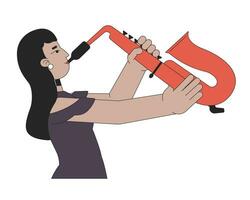 elegant indisk kvinna spelar saxofon 2d linjär tecknad serie karaktär. söder asiatisk kvinna innehav sax isolerat linje vektor person vit bakgrund. jazz saxofonist Färg platt fläck illustration