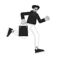 shopper manlig löpning med boutique väska svart och vit 2d linje tecknad serie karaktär. latinamerikan man i solglasögon i rusa isolerat vektor översikt person. shopaholic enfärgad platt fläck illustration