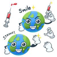Bündeln Sie die Erde glücklich und stark mit Impfstoff-Cartoon-Charakter vektor