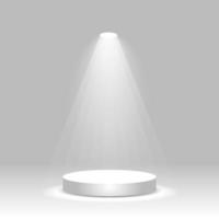 realistisches weißes rundes Podium, das von Scheinwerfern beleuchtet wird. leere Gewinnerbühne, Produktpodest, Ausstellungsplattform vektor