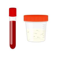 männliche unfruchtbarkeitstests. Blut- und Samenanalyse. Blut in Glasröhrchen und Sperma in Plastikbehälter vektor