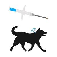 Spritze mit Mikrochip und Hundesilhouette mit Implantat und RFID-Signal. Konzept des Mikrochips von Haustieren, permanente ID für Tiere vektor