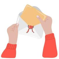 Mensch Hand halten öffnen Briefumschlag und Postkarte vektor