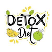 detox diet text med citron, grön äpple och mynta löv vektor