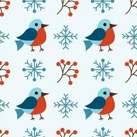 jul vinter- sömlös mönster med söt fåglar domherrar, rönn bär, snöflingor. vektor platt bakgrund.