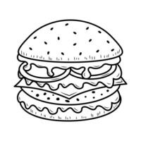 Hamburger mit Käse, Gemüse und Kotelett. schnell Essen linear Symbol. amerikanisch Straße Lebensmittel. Hand gezeichnet Gekritzel Illustration. vektor