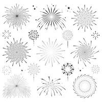 Silhouette Festival Kracher Feuerwerk explodiert platzen Anzeige mit Star und funkeln schwarz Linie Symbol Vektor Illustration einfach Jahrestag feiern festlich Element einstellen isoliert auf Weiß Hintergrund.