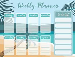 veckoplaneraren börjar på söndag med strand, hav, att göra-lista som används för vertikal digital och utskrivbar a4 a5-storlek vektor