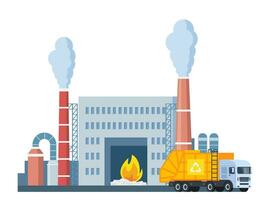 förbränning växt och sopor lastbil. avfall fabrik. skräp transport och återvinning. skräp förfogande. rök rör. natur förorening. industriell produktion byggnad. vektor illustration.