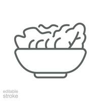 Salat im Schüssel Linie Symbol. gesund Essen heiß frisch Gemüse Teller oder Korb, vegan Essen Gericht Rezept Ernährung Konzept Zutaten. editierbar Schlaganfall Vektor Illustration Design auf Weiß Hintergrund eps 10