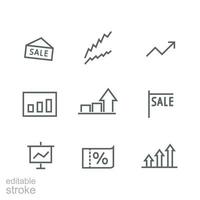 Verkauf Symbol. Der Umsatz Marketing einstellen Gliederung umfassen Geld Wachstum, Graph Zunahme, Fahrkarte auf Verkauf, Verkauf Schild, Diagramm. der Verkehr Management. editierbar Schlaganfall Vektor Illustration Design auf Weiß Hintergrund eps 10