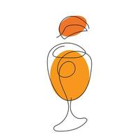 kontinuerlig ett linje teckning av glas med orange dryck och skiva av orange. alkohol, cocktail, vin, frukt juice. vektor isolerat på vit. minimalism. skriva ut, restaurang, meny, bar, Kafé, broschyr