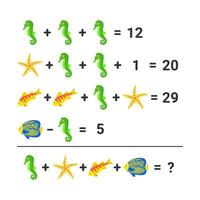 vektor illustration. matematik spel arbetsblad, med hav djur och fisk. vektor gåta eller räkning spel med tecknad serie fisk, sjöstjärna och hav häst.