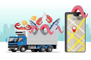 Große isolierte Fahrzeugvektor-bunte Symbole, flache Illustrationen der Lieferung per Van durch GPS-Tracking-Standort. Lieferfahrzeug, Fisch- und Lebensmittellieferung, Sofortlieferung, Online-Lieferung. vektor