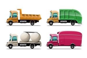 große isolierte Fahrzeugvektor bunte Icons Set, flache Illustrationen von verschiedenen LKW-Typen, logistisches Handelsverkehrskonzept.