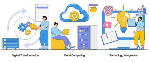 Digital Transformation, Wolke rechnen, Technologie Integration Konzept mit Charakter. Digital Innovation abstrakt Vektor Illustration Satz. Geschäft Beweglichkeit, datengesteuert Entscheidungen Metapher