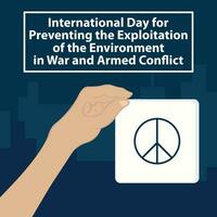 Illustration Vektor Grafik von Hände halten ein Frieden Symbol, zeigen Silhouette von Wolkenkratzer, perfekt zum International Tag, Verhütung das Ausbeutung, das Umfeld, Krieg und bewaffnet Konflikt.