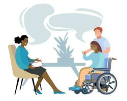 medicin samhälle begrepp med en läkare och patient med funktionshinder. samråd och diagnos. vektor illustration platt stil