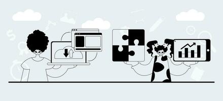 ein Mannschaft Das ist spezialisiert im SEO . modisch Exemplar im ein analog Benehmen. modisch Stil, Vektor Illustration