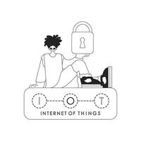 person med låsa hantera säkerhet för iot data, i en linje dragen illustration vektor