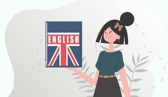 das Konzept von Lernen Englisch. ein Frau hält ein Englisch Wörterbuch im ihr Hände. eben modern Stil. Vektor Illustration.