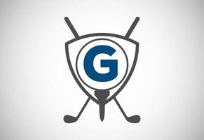 engelsk alfabet g med golf boll, golf pinne och skydda tecken. modern logotyp design för golf klubbar. vektor