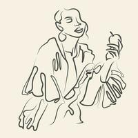 skön kvinna med äpple i klänning profil linje konst teckning. vektor illustration för vykort
