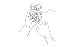 kontinuierlich einer Linie Zeichnung von Hände halten Taschenrechner mit Wort MwSt innen, Einkommen MwSt Berechnung, Besteuerung Konzept, Single Linie Kunst. vektor