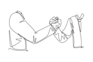 Single einer Linie Zeichnung Geste von glücklich Geschäft Mann Handschlag seine Partner zu Deal ein groß Projekt. Geschäft Treffen beim Büro Konzept. modern kontinuierlich Linie zeichnen Design Grafik Vektor Illustration