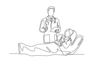enda kontinuerlig linje teckning ung läkare besöker patient vem är liggande svag på de säng och ger tummen upp gest. medicinsk sjukvård service begrepp. ett linje grafisk design vektor illustration