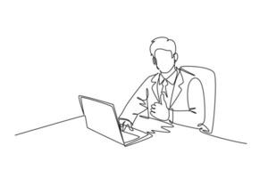 kontinuierlich einer Linie Zeichnung Geschäft Mann geben Daumen oben Geste und Sitzung auf Büro Stuhl und öffnen das Laptop zu Start Arbeiten. Geschäft Management. Single Linie Design Vektor Grafik Illustration