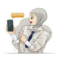 Hijab wenig Kind, Schule Mädchen. jung Mädchen ein Hijab zeigen ein leer Smartphone Bildschirm. Vektor Illustration Profi herunterladen