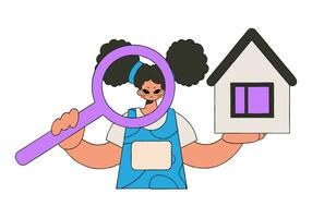 verklig egendom fastighetsmäklare kvinna innehav hus och förstorande glas. försäljning och ägande en hus. vektor