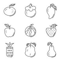 samling av frukt linje ikon. orange, mangostan, mango, äpplen, vattenmelon, jordgubbe, ananas, guava, päron. minimal, tunn, enkel. Begagnade för ikon, emblem, logotyp, symbol, tecken, skriva ut vektor